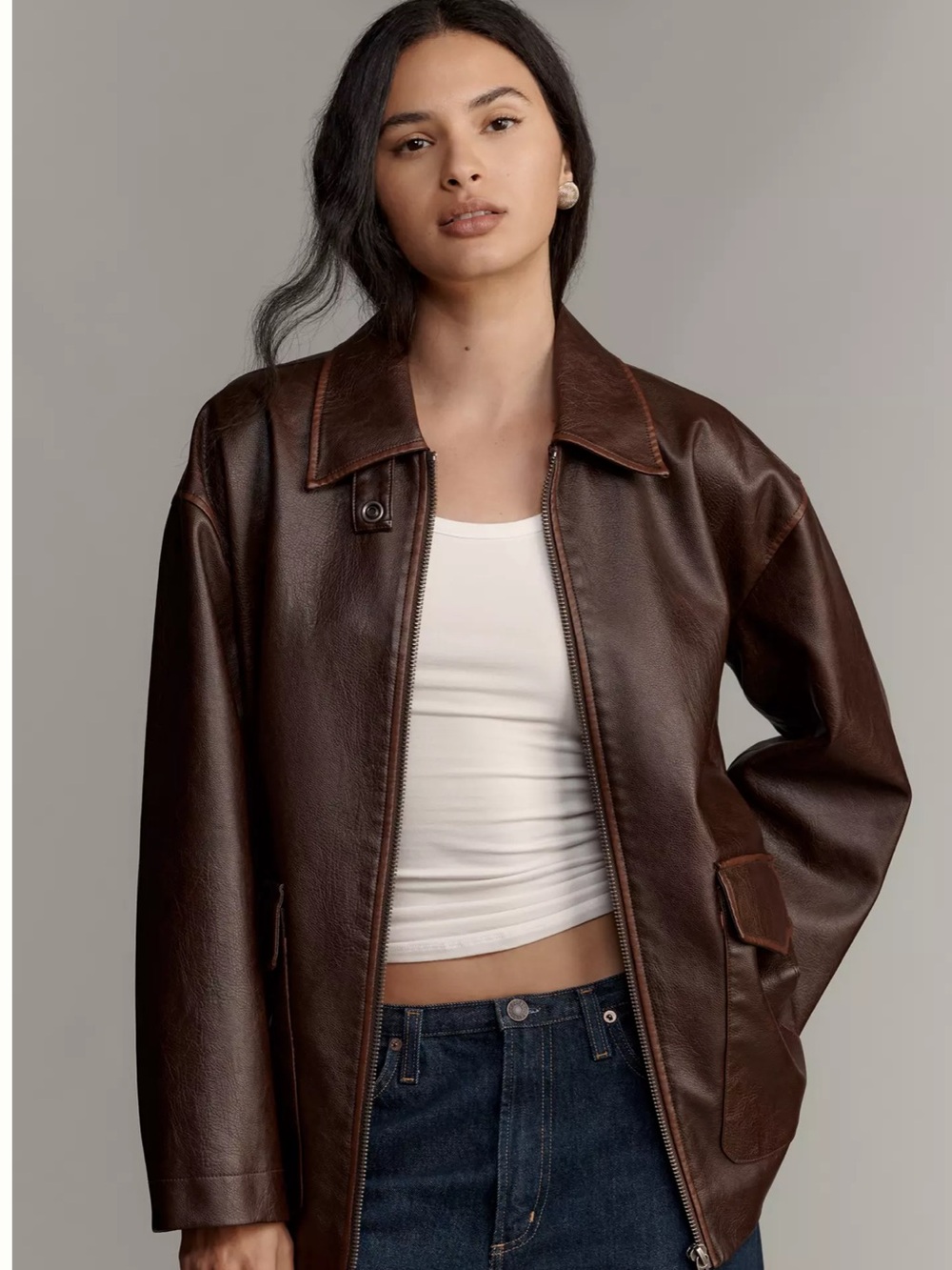 Pilcro Sofia Faux Leather Long Bomber Jacket